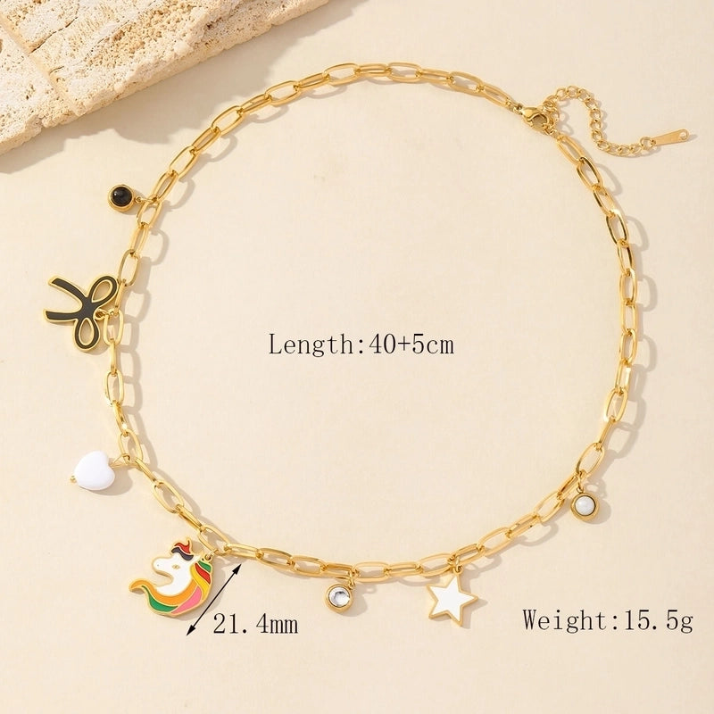 Casual Romantic Rainbow Heart Shape Horse 304 Stainless Steel Acrylic Zircon 18K Gold Plated Enamel Multi Charms Necklace