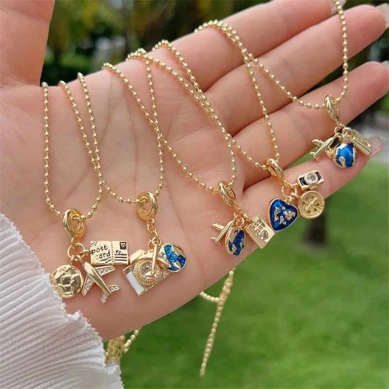 Multi-Style Copper Plating 18K Gold Full Diamond Zircon Travel Around The World Travel Style Series Clip Bead Necklace Necklace Suitable For Daily Wear Of All Ages Suitable For Gifts Original New Arrivals
