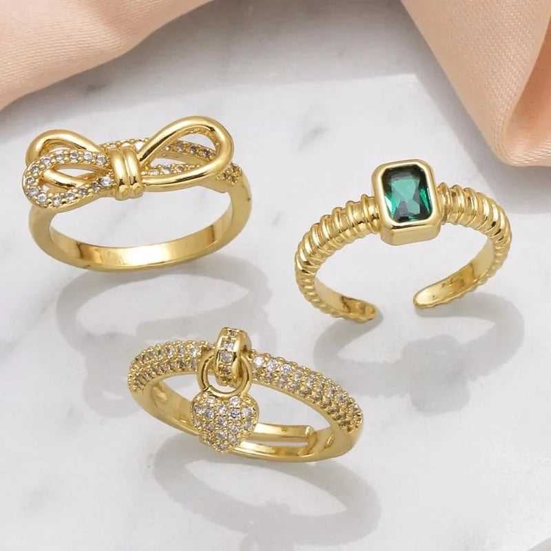 Copper 18K Gold Plated Plating Inlay Bow Knot Zircon Open Rings