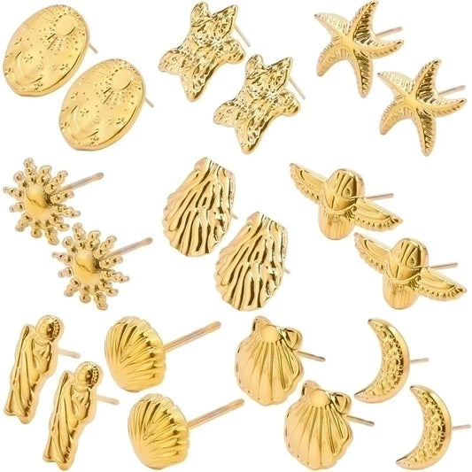 1 Pair Minimalist Round Star Plating 304 Stainless Steel 18K Gold Plated Ear Studs