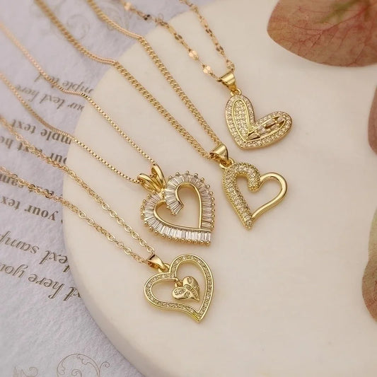 Minimalist Commute Heart Shape Copper Plating Inlay 18K Gold Plated Zircon Pendant Necklace
