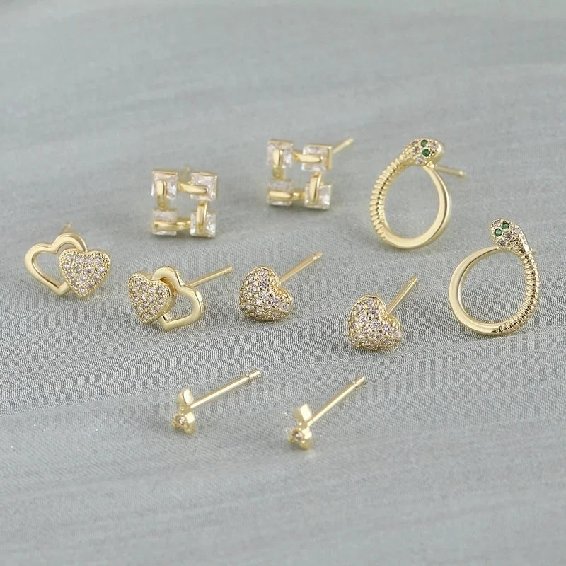 1 Pair Elegant Minimalist Geometric Double Heart Snake Hollow Out Inlay Copper Zircon 18K Gold Plated Ear Studs