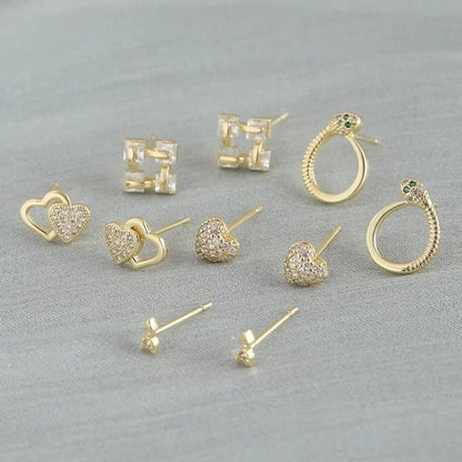 1 Pair Elegant Minimalist Geometric Double Heart Snake Hollow Out Inlay Copper Zircon 18K Gold Plated Ear Studs