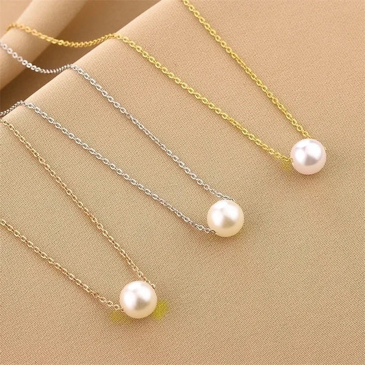Minimalist Geometric Titanium Steel Plating Artificial Pearls Necklace