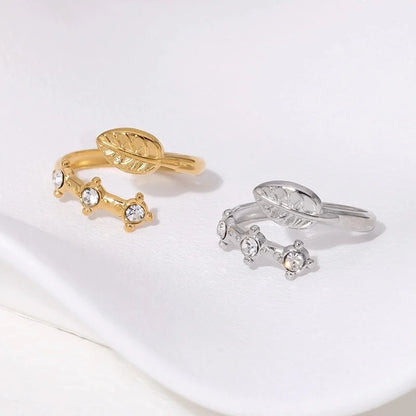 IG Style French Style Modern Style Leaves 304 Stainless Steel Artificial Rhinestones 18K Gold Plated Inlay Open Rings