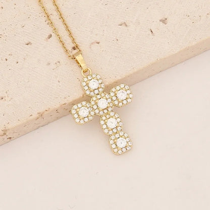 Commute Cross Copper Inlay 18K Gold Plated Zircon Pendant Necklace