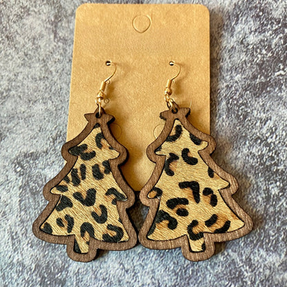 1 Pair Retro Christmas Tree Leopard Wood Drop Earrings