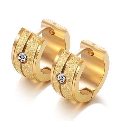 Minimalist Stainless Steel 18k Gold Plated Frosted Diamond Studded Hollow Round Earrings