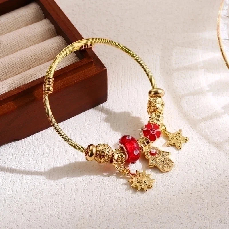 Elegant Cute Palm Star Moon 304 Stainless Steel Alloy Rhinestones Bangle In Bulk