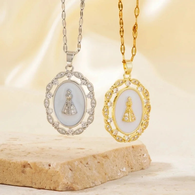 Vintage Style Religion Artistic Round Virgin Mary 304 Stainless Steel Copper Zircon K Gold Plated Inlay Pendant Necklace