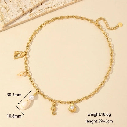 Cute Starfish Dolphin Shell 304 Stainless Steel Imitation Pearl Imitating Stone 18K Gold Plated Enamel Plating Inlay Multi Charms Necklace