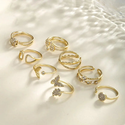 Copper 18K Gold Plated Inlay Geometric Butterfly Fish Tail Artificial Gemstones Open Rings