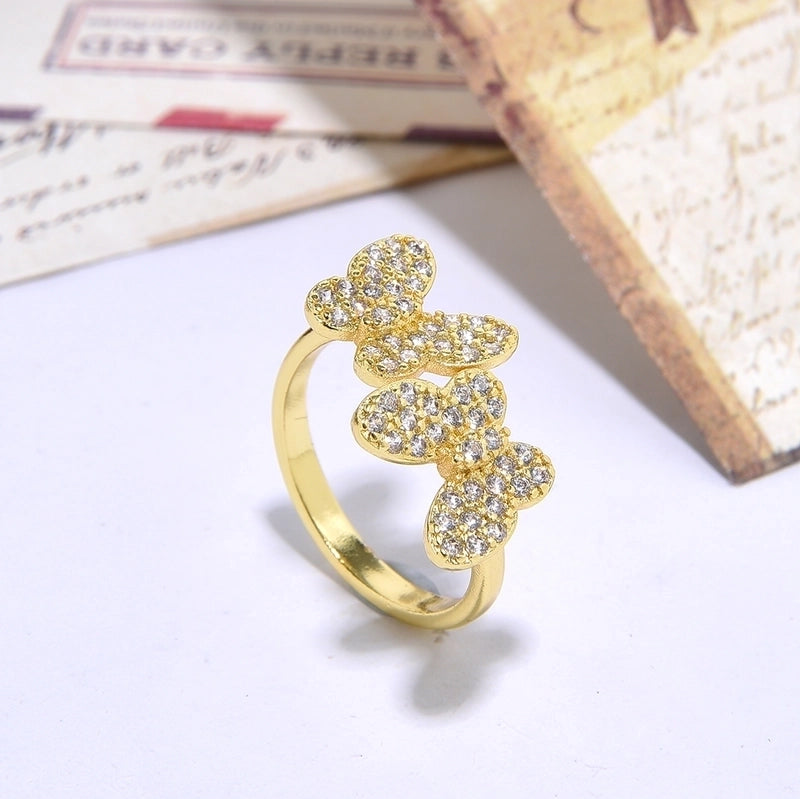 Copper 18K Gold Plated Inlay Butterfly Zircon Open Rings