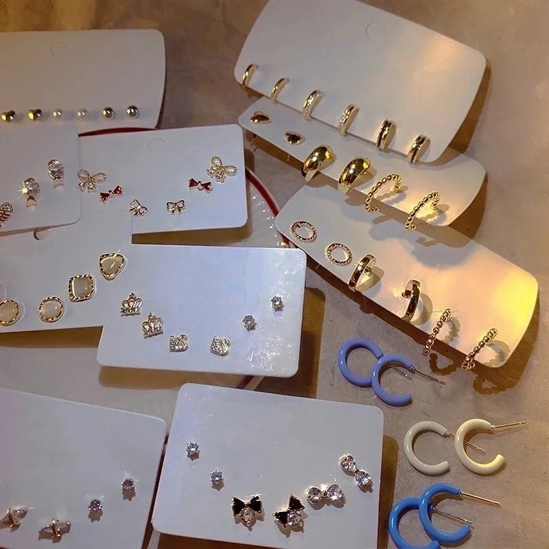 Cute Star Heart Shape Bow Knot Copper Plating Inlay Zircon Hoop Earrings Ear Studs 1 Set