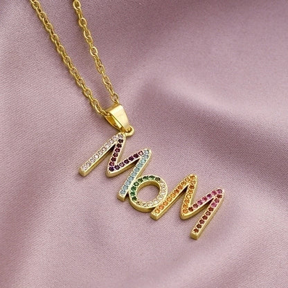 304 Stainless Steel Copper MAMA Minimalist Plating Inlay Letter Zircon Pendant Necklace