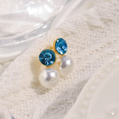 1 Pair Casual Sweet Minimalist Round Inlay 304 Stainless Steel Pearl Zircon 14K Gold Plated Ear Studs