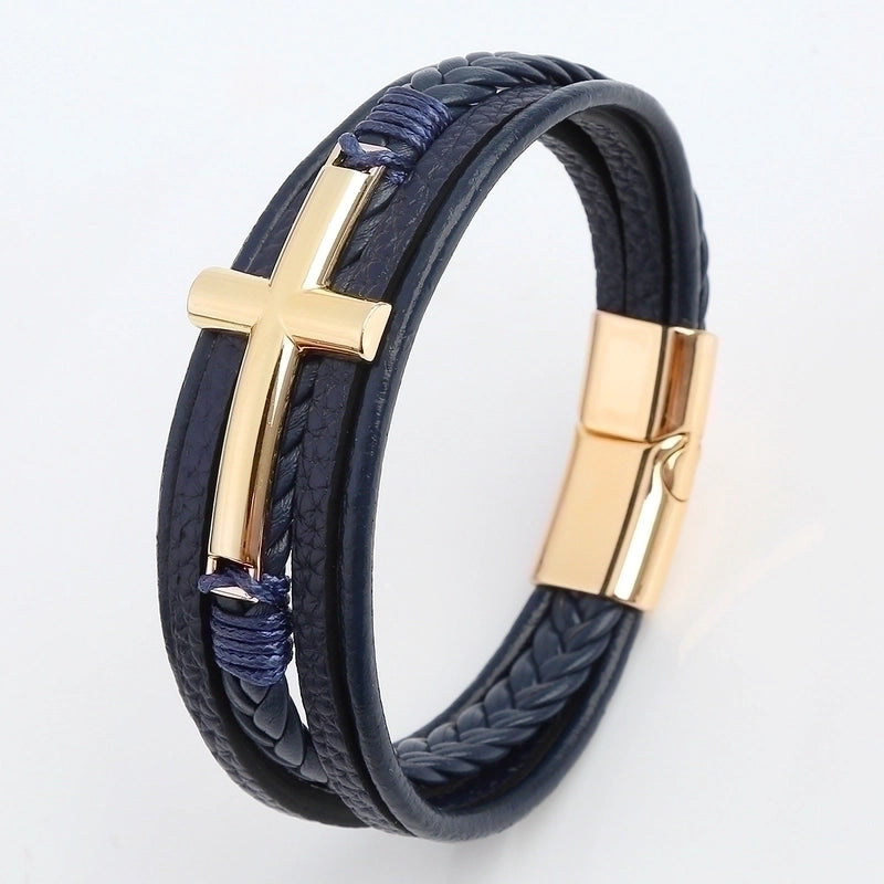 Casual Streetwear Cross 304 Stainless Steel Pu Leather Copper 18K Gold Plated Copper Bangle In Bulk