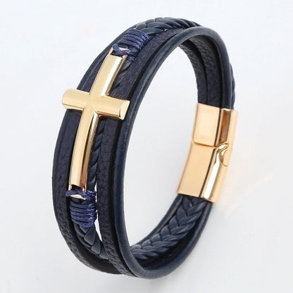 Casual Streetwear Cross 304 Stainless Steel Pu Leather Copper 18K Gold Plated Copper Bangle In Bulk
