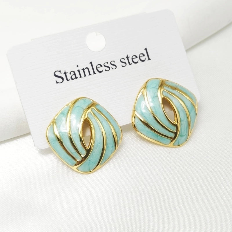 1 Pair Classical Vintage Style Square Enamel Plating 304 Stainless Steel 18K Gold Plated Ear Studs