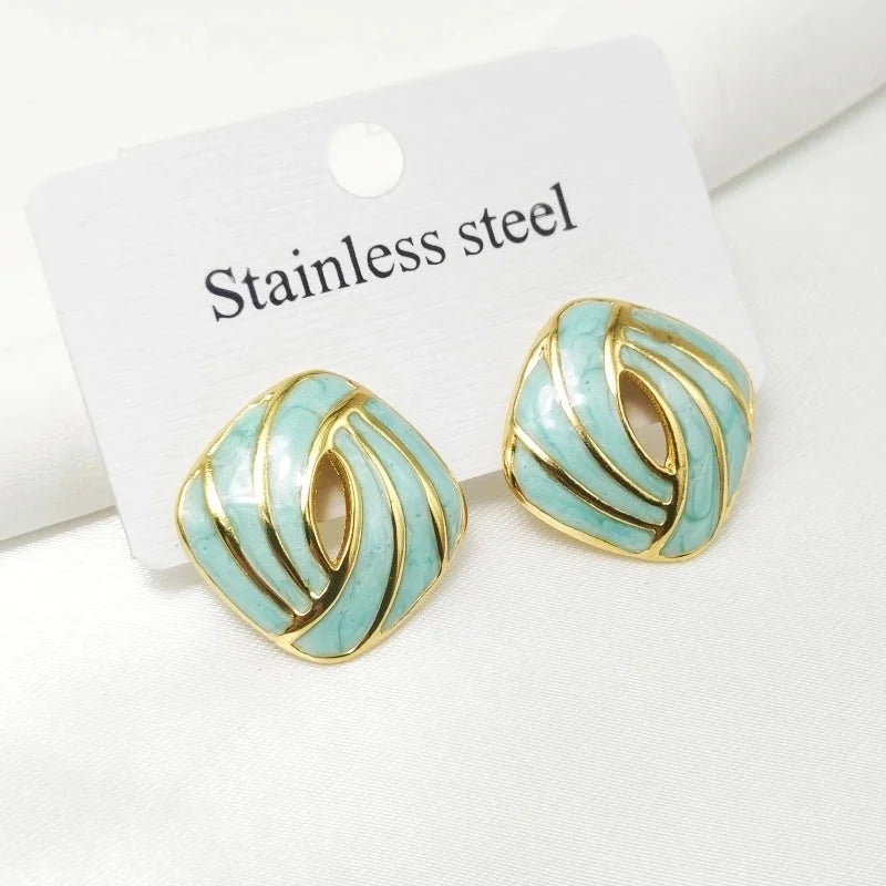 1 Pair Classical Vintage Style Square Enamel Plating 304 Stainless Steel 18K Gold Plated Ear Studs