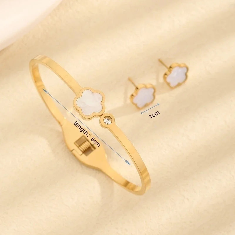 Vintage Style Minimalist Flower 304 Stainless Steel Acrylic Zircon 18K Gold Plated Inlay Jewelry Set