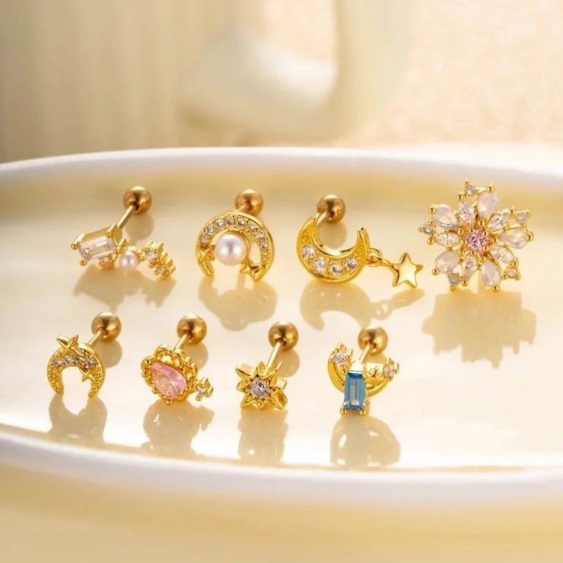 Henson New Copper Inlaid Zircon Star Moon Flower Screw Thin Rod Titanium Steel Ear Bone Stud Cartilage Piercing Earrings