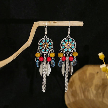 Bohemian Blue Turquoise National Style Earrings Imitation Miao Silver Metal Earrings Vintage Tassel Earrings