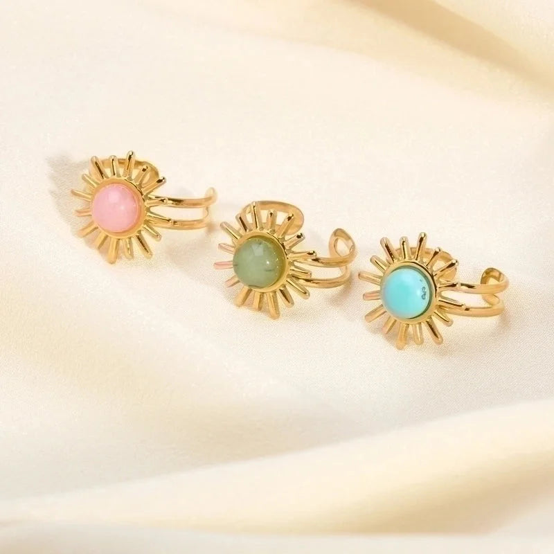 304 Stainless Steel 18K Gold Plated Modern Style Inlay Flower Turquoise Open Rings