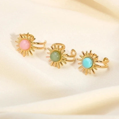 304 Stainless Steel 18K Gold Plated Modern Style Inlay Flower Turquoise Open Rings