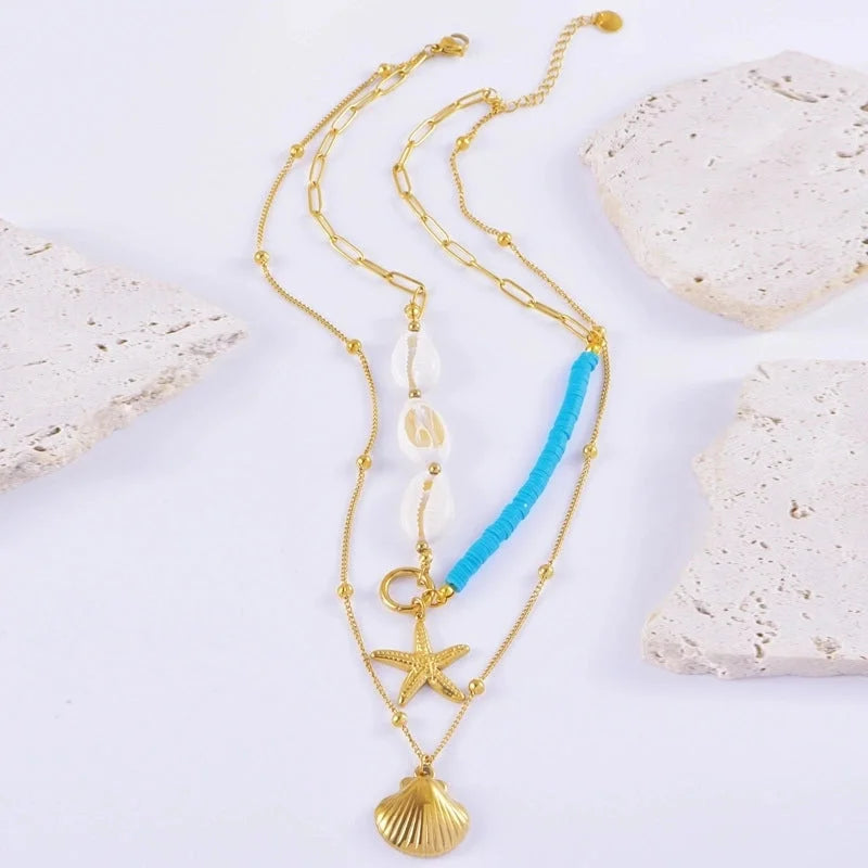 Vacation Starfish Conch Shell Titanium Steel Pendant Necklace