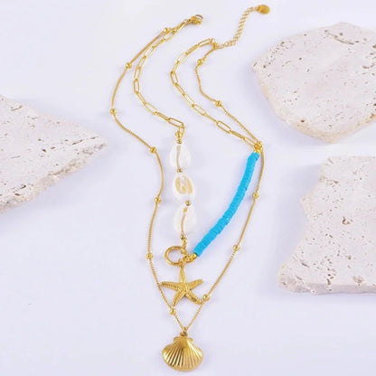 Vacation Starfish Conch Shell Titanium Steel Pendant Necklace