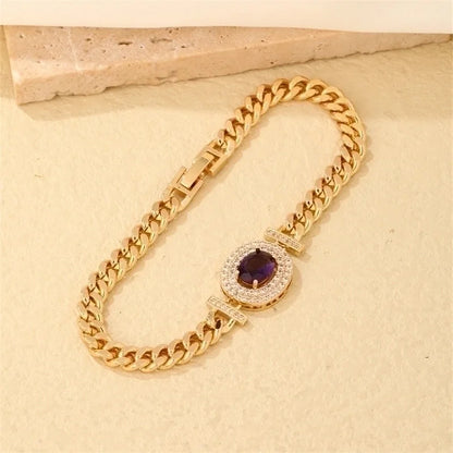 304 Stainless Steel Copper K Gold Plated Lady Shiny Plating Inlay Oval Zircon Bracelets