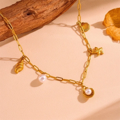 Cute Sweet Star Bow Knot Shell Titanium Steel Pearl 18K Gold Plated Hollow Out Inlay Pendant Necklace