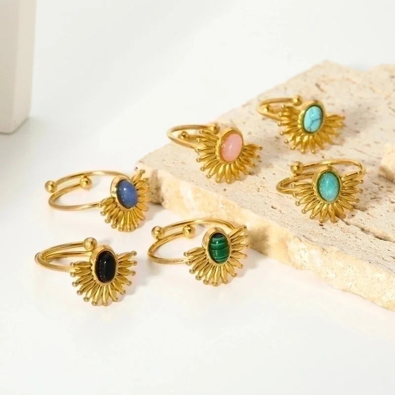 304 Stainless Steel 18K Gold Plated Casual Minimalist Polishing Plating Geometric Natural Stone Adjustable Ring