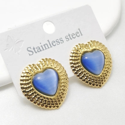 1 Pair Elegant Retro Commute Heart Shape Inlay 304 Stainless Steel Artificial Gemstones Ear Studs