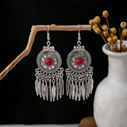 Bohemian Blue Turquoise National Style Earrings Imitation Miao Silver Metal Earrings Vintage Tassel Earrings