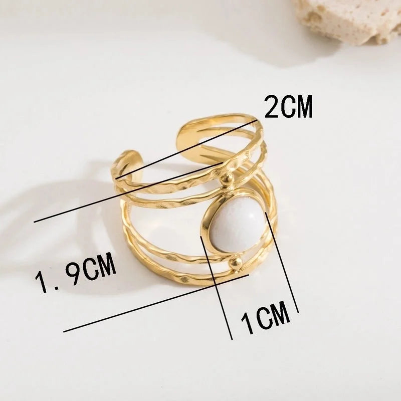 Vintage Style Minimalist Geometric 304 Stainless Steel Natural Stone 18K Gold Plated Inlay Open Rings