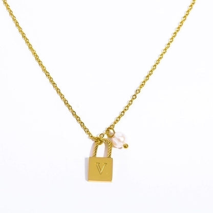 201 Stainless Steel 304 Stainless Steel Glass Gold Plated Casual Minimalist Pearl Plating Letter Lock Pendant Necklace