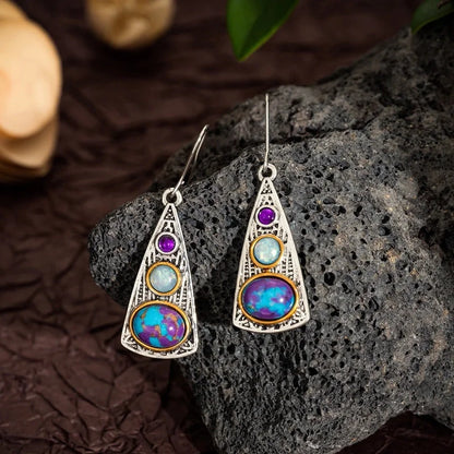 Hot Artistic Retro Geometric Lapis Lazor Ear Drop Bohemian Natural Stone Antique Women\'s Earrings