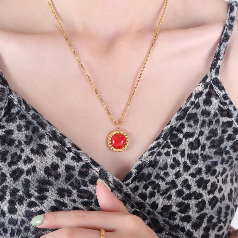 Retro French Style Solid Color Titanium Steel Natural Stone Turquoise 18K Gold Plated Plating Inlay Earrings Necklace Jewelry Set