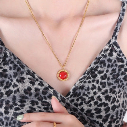 Retro French Style Solid Color Titanium Steel Natural Stone Turquoise 18K Gold Plated Plating Inlay Earrings Necklace Jewelry Set