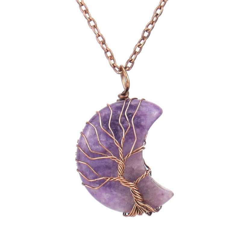 Minimalist Moon Tree Natural Stone Copper Pendant Necklace In Bulk