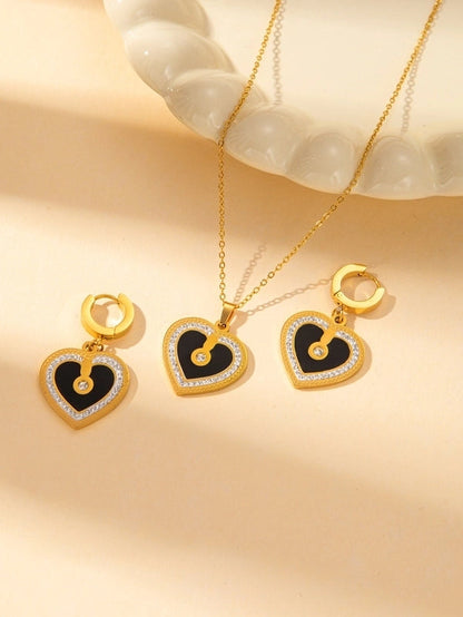 IG Style Minimalist Heart Shape Titanium Steel Shell Zircon Inlay Earrings Necklace