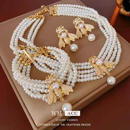 Women Luxurious Biggy Bear Bee Animal Artificial Pearl Electroplating Jewelry Sets