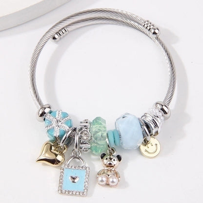 2 Pieces Minimalist Bear Heart Shape Stainless Steel Alloy Bangle