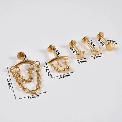 2 Pieces Lip Rings Casual Hawaiian Tropical Star Moon 304 Stainless Steel 18K Gold Plated Ear Cartilage Rings & Studs