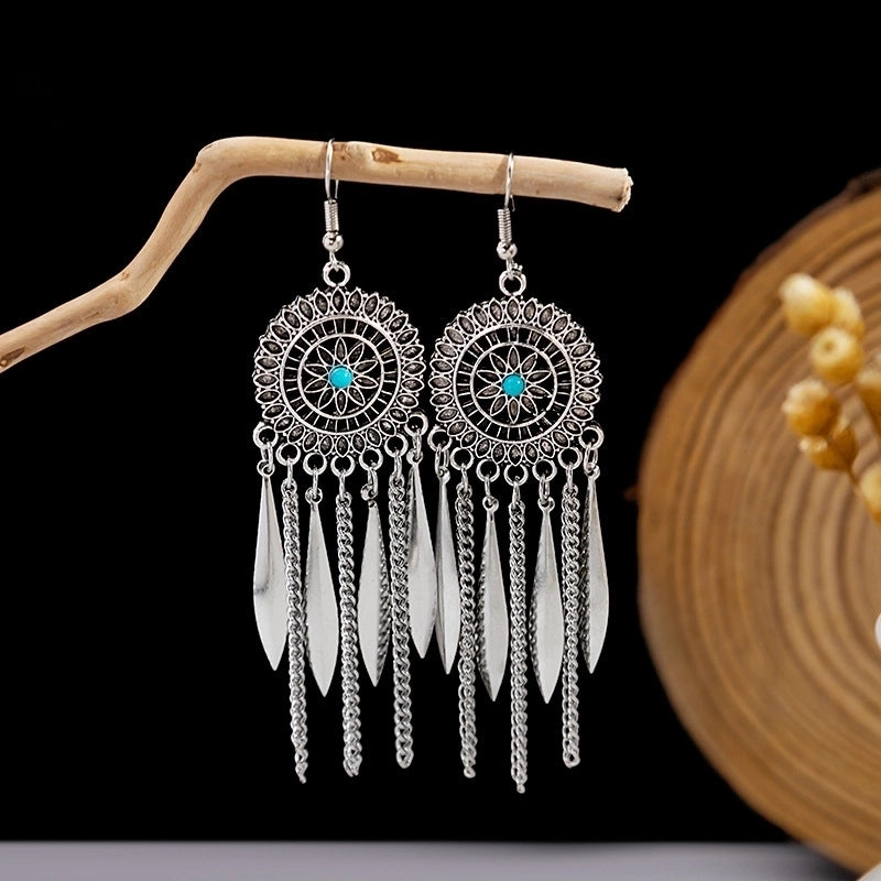 Bohemian Blue Turquoise National Style Earrings Imitation Miao Silver Metal Earrings Vintage Tassel Earrings