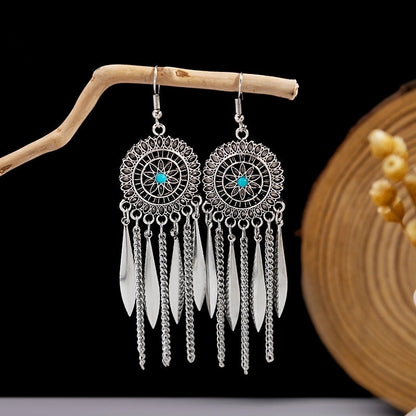 Bohemian Blue Turquoise National Style Earrings Imitation Miao Silver Metal Earrings Vintage Tassel Earrings