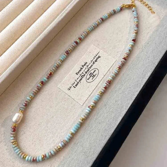 Natural Stone Freshwater Pearl Minimalist Beaded Geometric Necklace