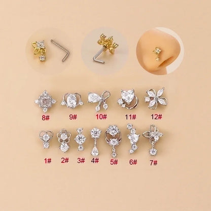 1 Piece Nose Rings & Studs Fashion Flower Bow Knot 316L Stainless Steel Copper Plating Zircon